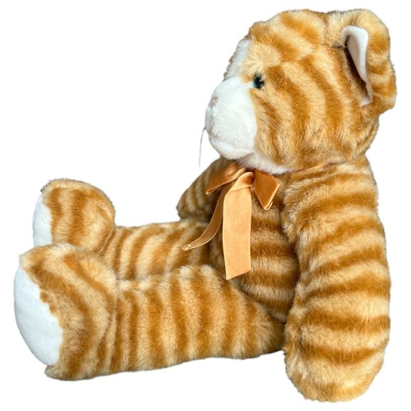 CUTEST EVER! Striped Orange Tabby Cat Blue-Green Eyes Orange Bow Plush 15" x 13" - Picture 8 of 9